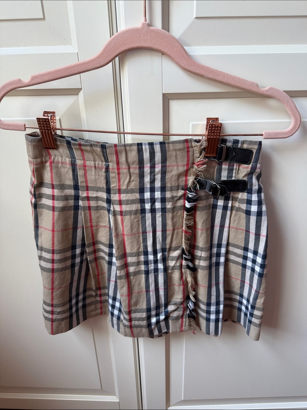 Burberry Beige Plaid Mini Skirt with Buckle Detail